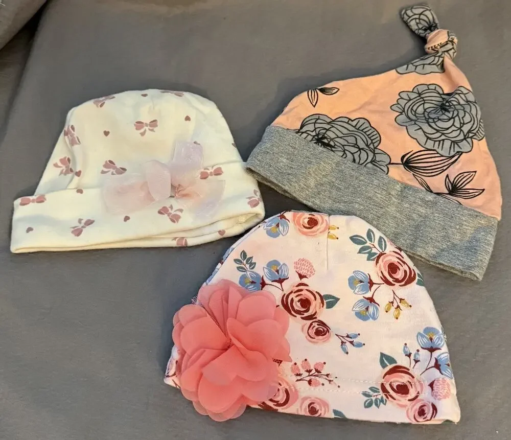 Mixed Brand Lot/3 Baby Girls Infant Beanie Hats, Chick Pea, floral, bows, pink